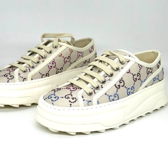Gucci Treck Crystal GG Logo Canvas Low Top Platform Trainers Sneakers Shoes - Picture 11 of 16